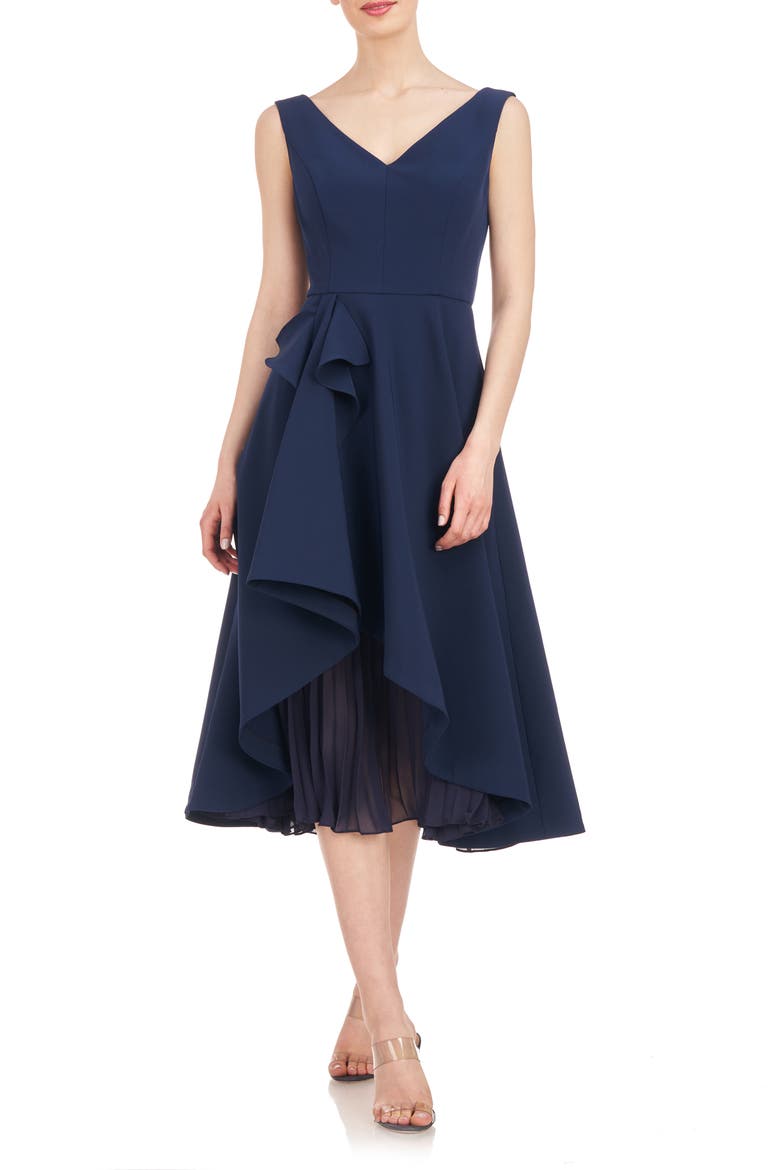Begonia Crepe & Chiffon Midi A-Line Dress, Main, color, DARK MIDNIGHT