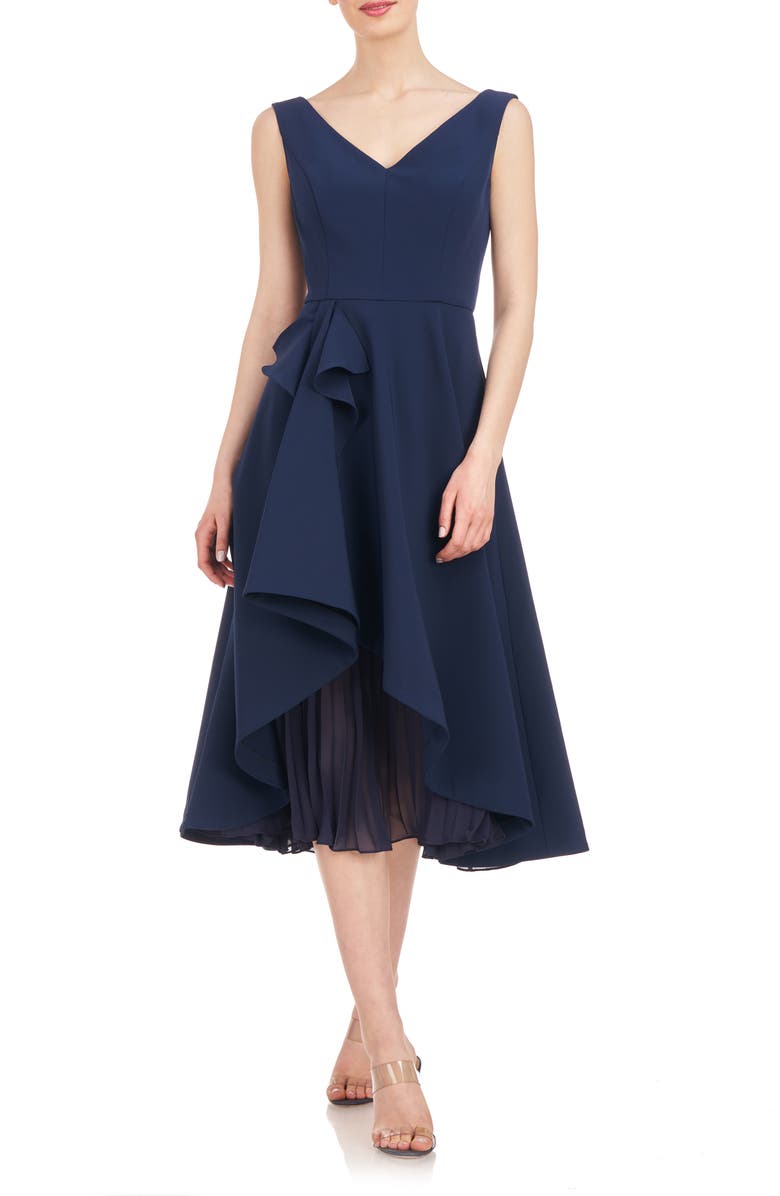 Kay Unger Begonia Crepe & Chiffon Midi A-Line Dress, Main, color, Dark Midnight