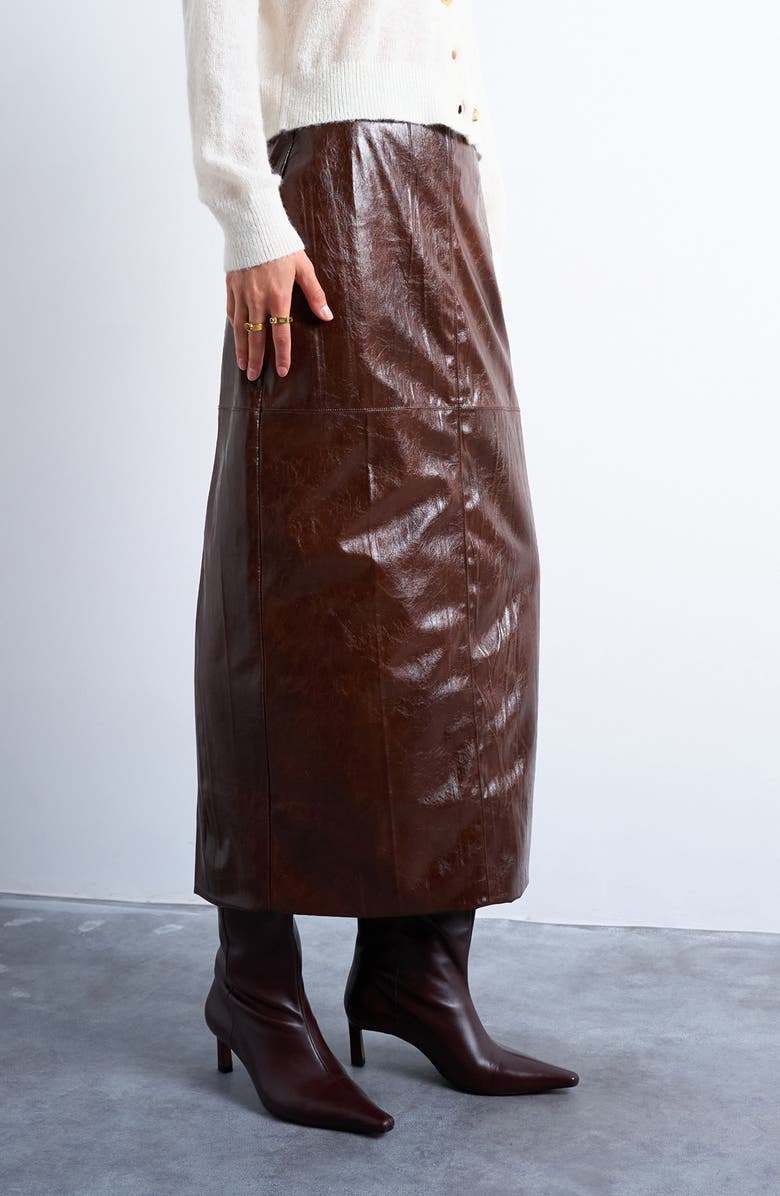 Topshop Faux Leather Midi Skirt, Alternate, color, Brown