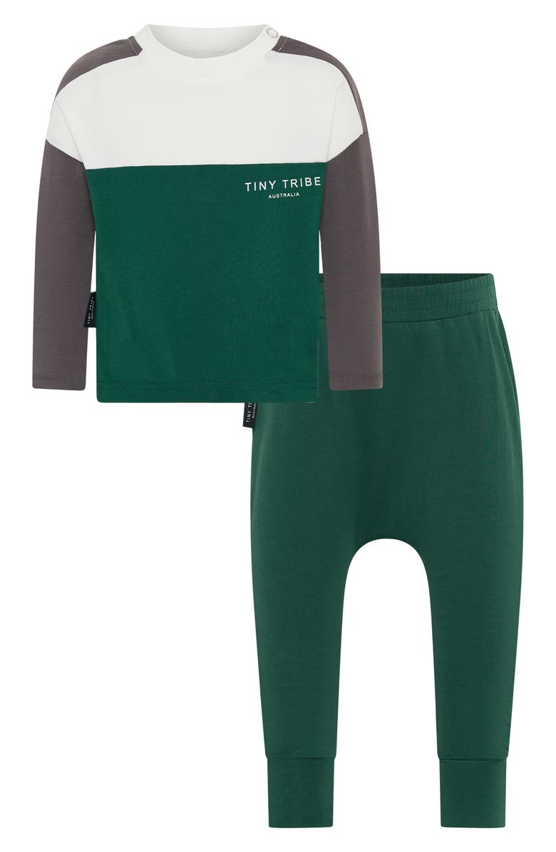 TINY TRIBE Colorblock Long Sleeve Cotton T-Shirt & Leggings Set, Main, color, Green Multi