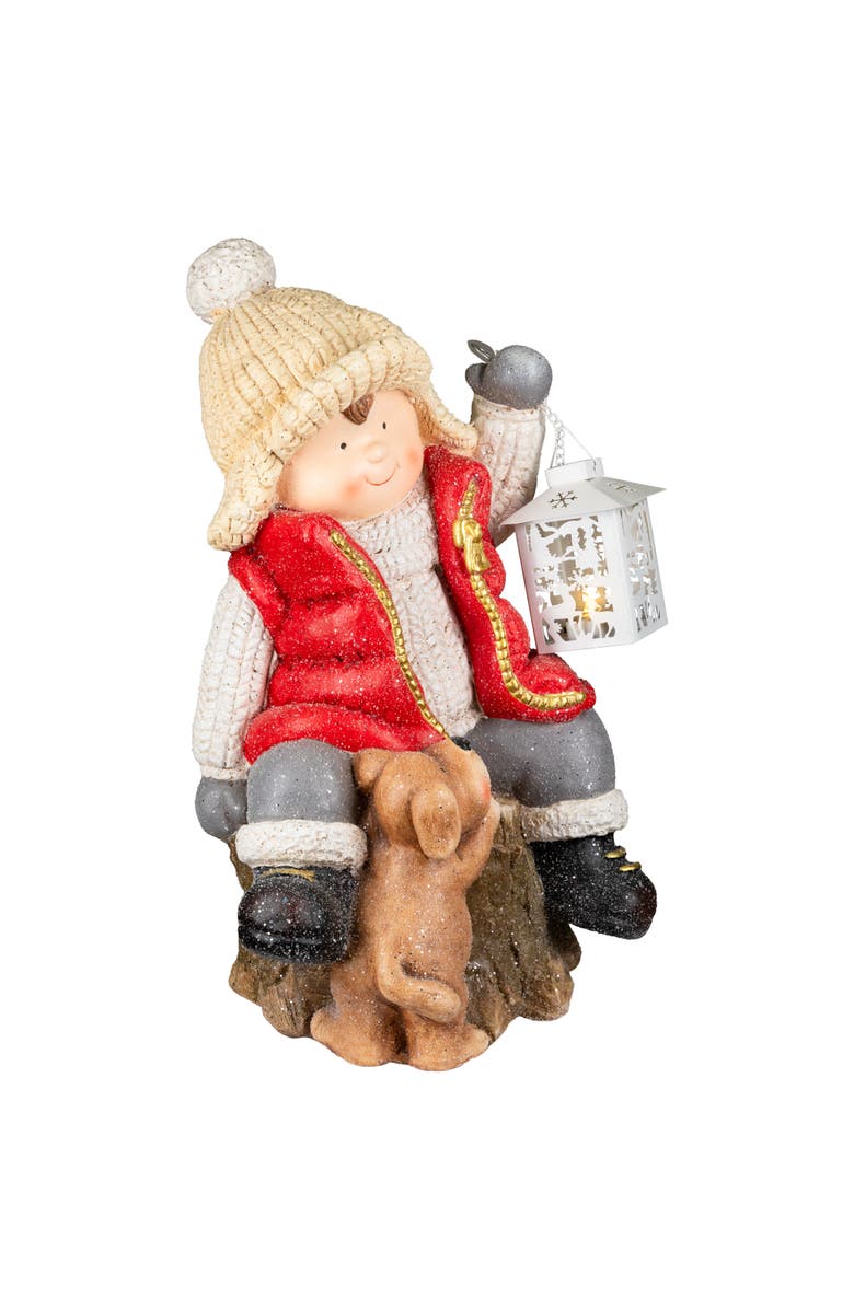 Northlight Boy with Puppy and Lighted Lantern Christmas Decoration - 16" - Clear LED light, Alternate, color, Red