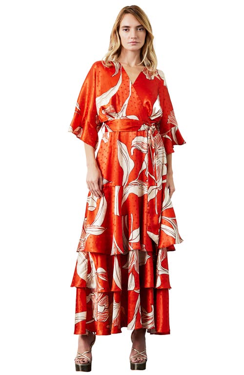 Ciebon Calix Floral Dot Jacquard Tiered Satin Maxi Dress In Red