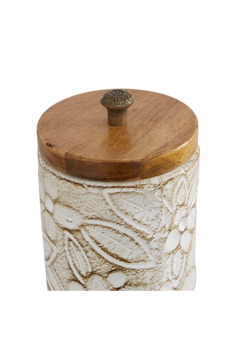 White Ceramic Handmade Intricately Carved Decorative Jar with Wood Lid - Set of 2, Alternate, color, WHITE