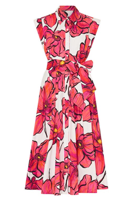Milly Jules Windflower Stretch Cotton Midi Shirtdress In Coral Multi