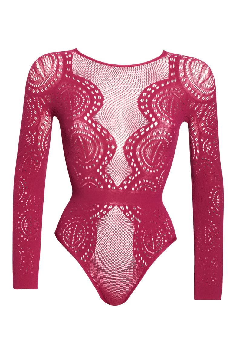 Ornate Long Sleeve Mesh & Stretch Lace Teddy, Alternate, color, BURGUNDY