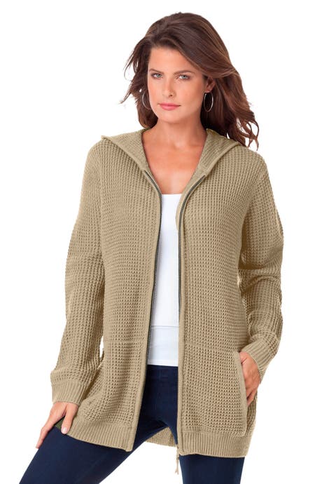 Plus Size Waffle Knit Zip-Front Relaxed Hoodie (Plus)