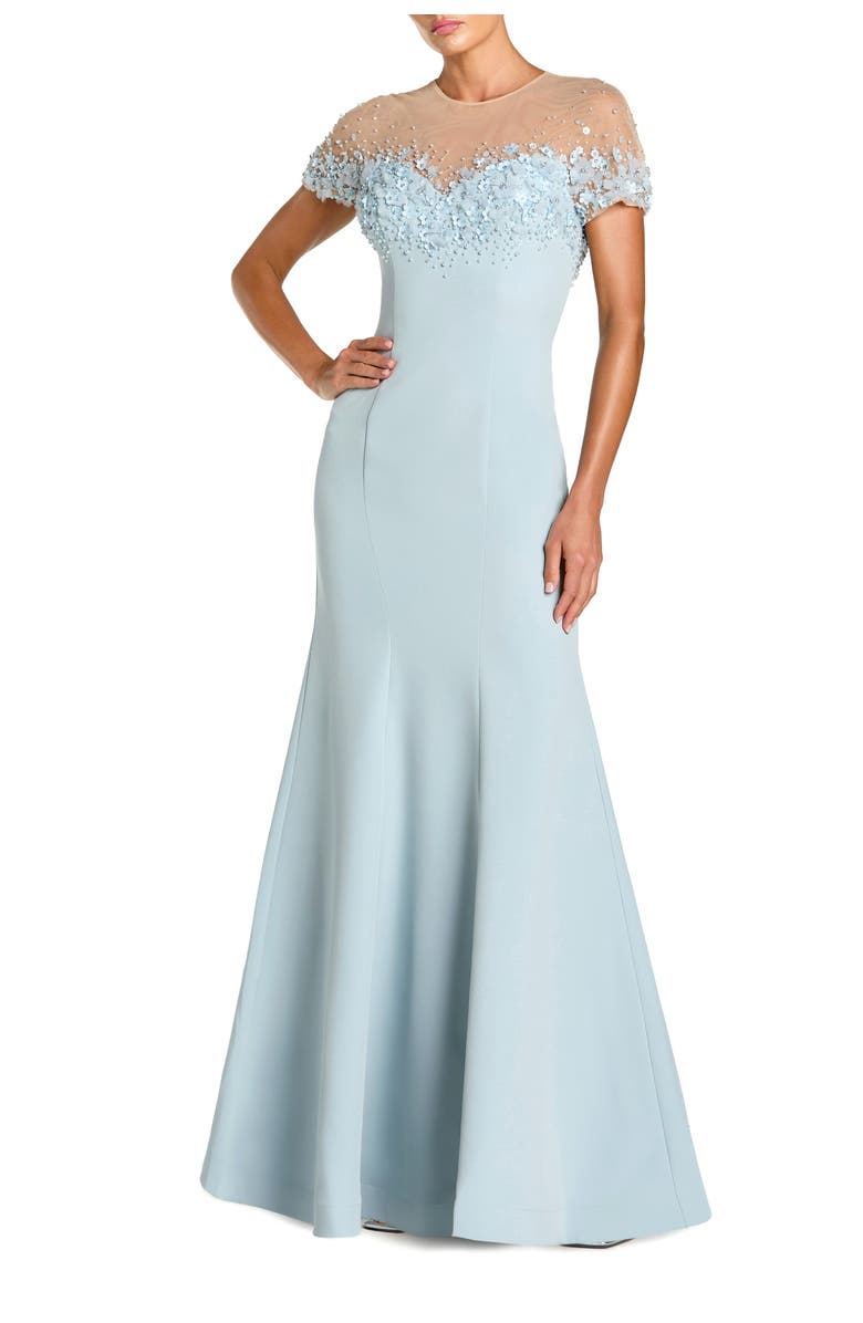 Mac Duggal Women's Mermaid Crepe Gown With Beaded Illusion Neck, Main, color, Powder Blue