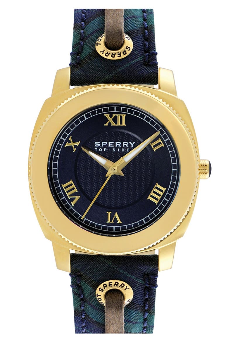 Sperry 'Summerlin' Laced Leather Strap Watch, 38mm, Main, color, BLUE PLAID