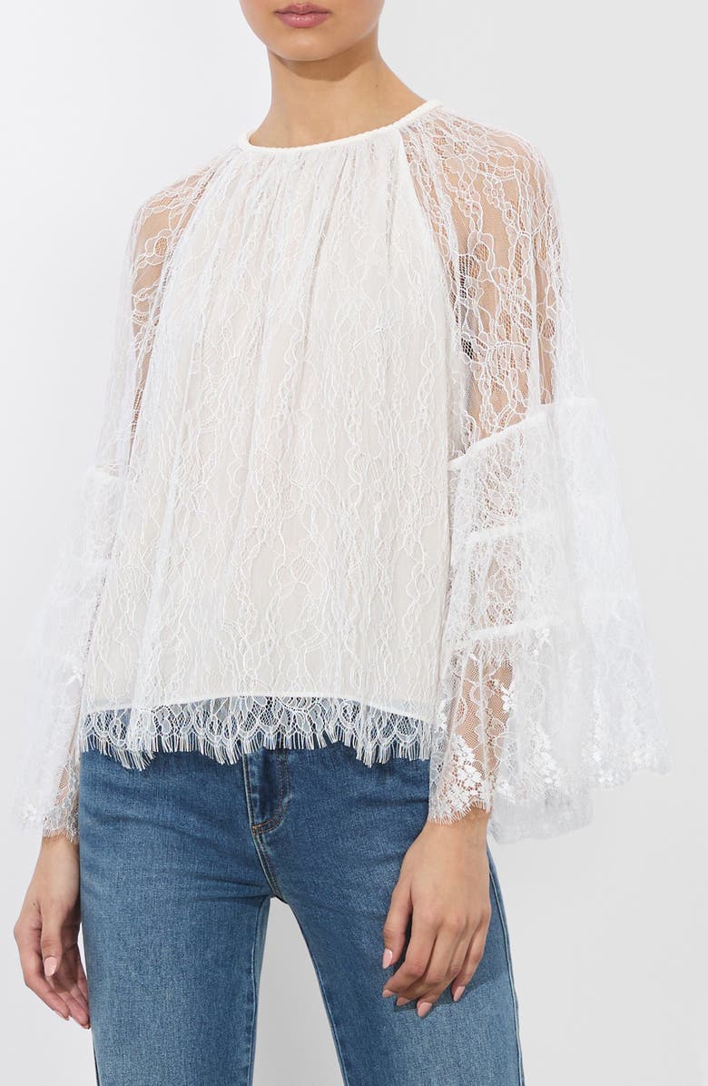 Alice + Olivia Delia Ruffle Lace Tunic Top, Alternate, color, Off White
