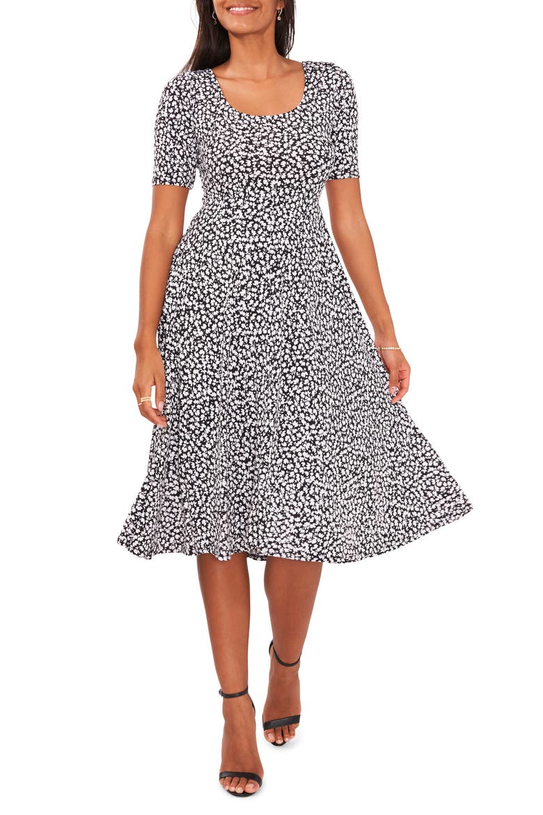 Floral Print Midi Dress, Main, color, BLACK/WHITE