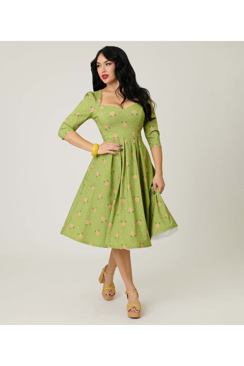 Sweetheart Swing Dress, Main, color, Chartreuse & Pink Rose Print
