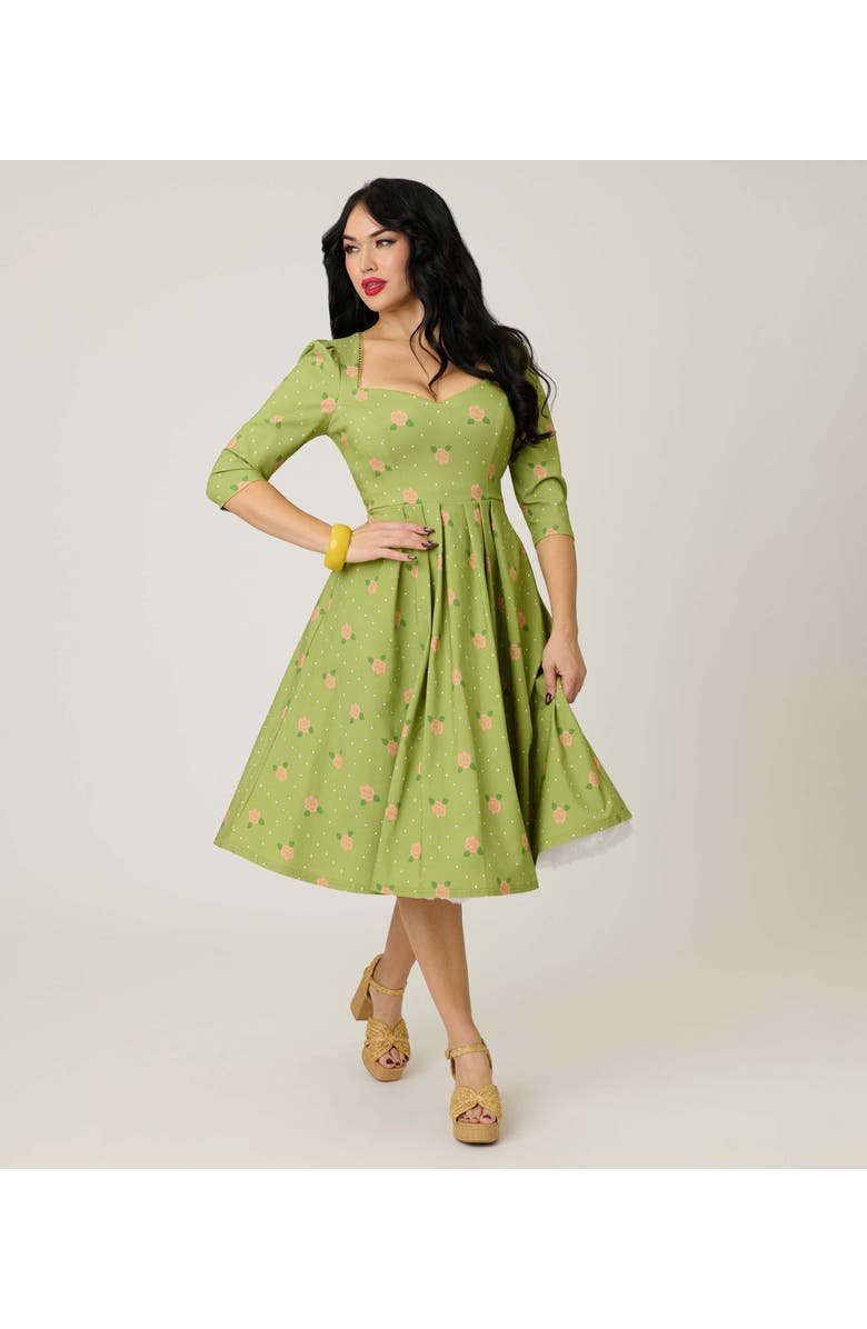 Unique Vintage Sweetheart Swing Dress, Main, color, Chartreuse & Pink Rose Print