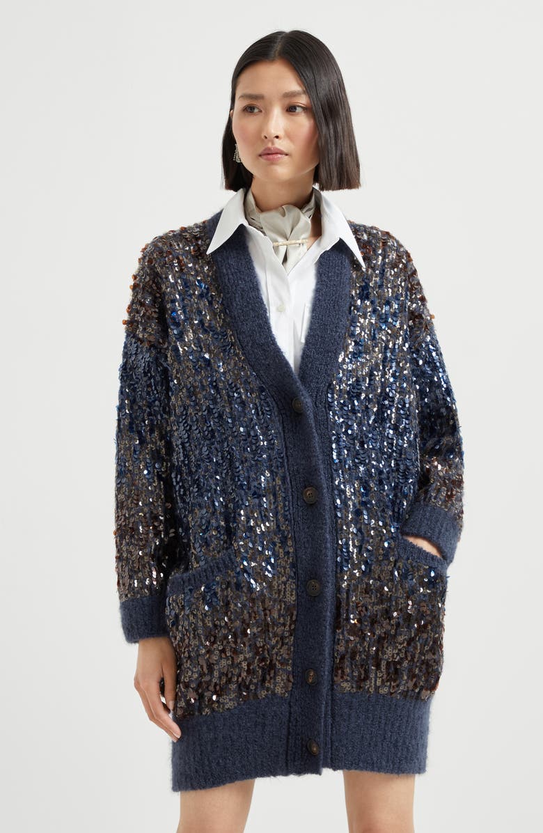 Brunello Cucinelli Dazzling dégradé embroidery cardigan, Alternate, color, Navy Blue