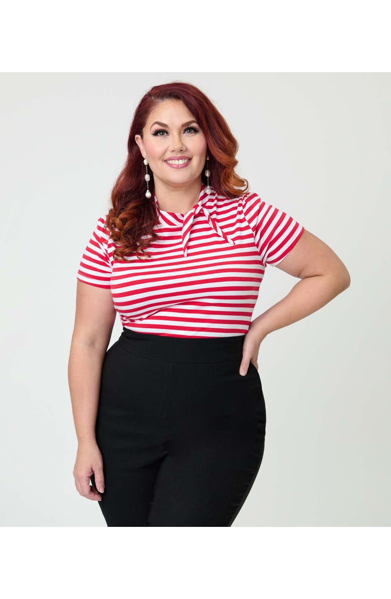 Unique Vintage Plus Size Short Sleeve Tie Neck Sweetie Knit Top, Main, color, White & Red Stripe