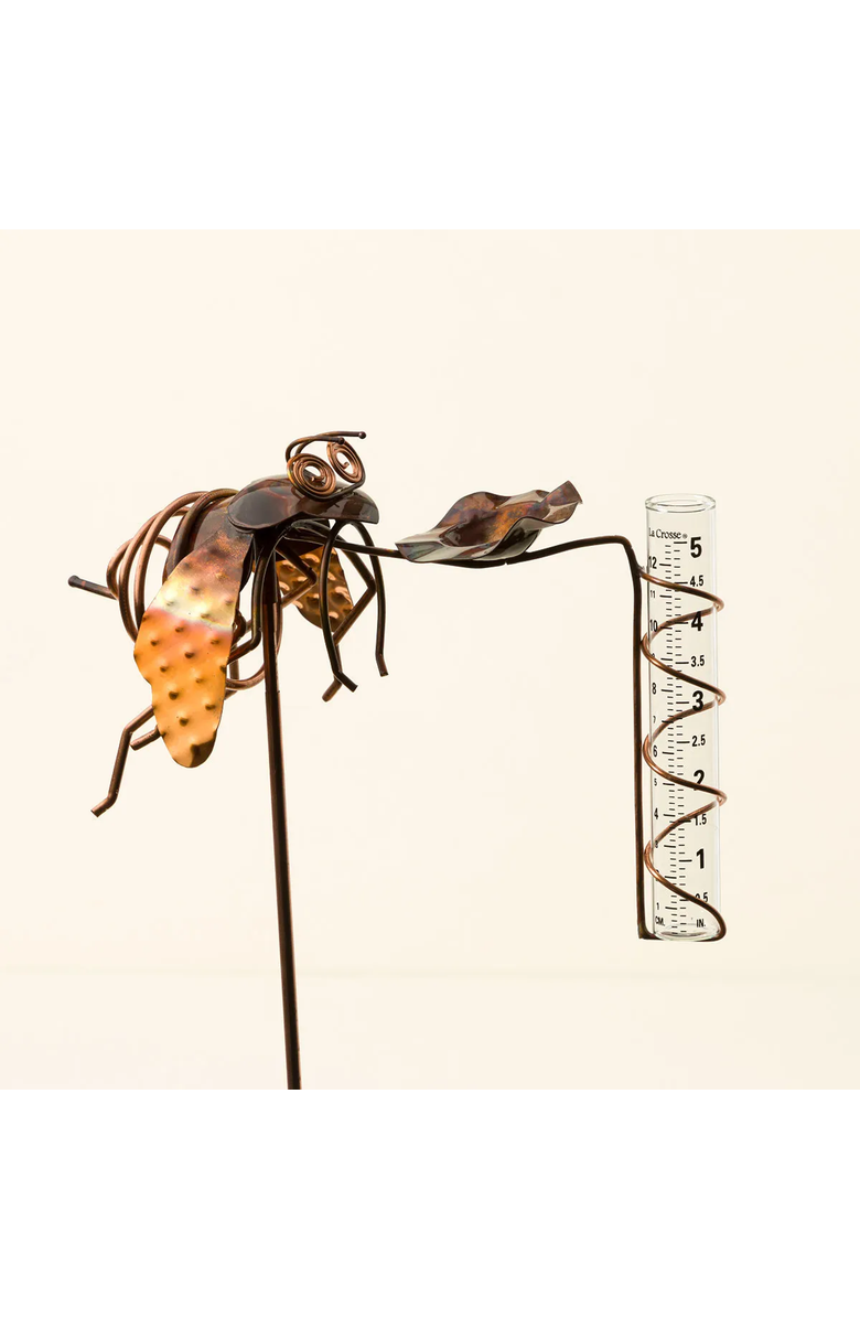 Uncommon Goods Bee Rain Gauge with Bee Drinking Cup by Haw Creek Forge, Alternate, color, Copper Patina