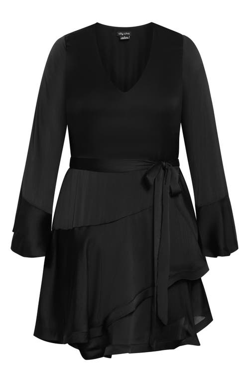 City Chic Cherrie Tie Belt Long Sleeve Satin Minidress In Black