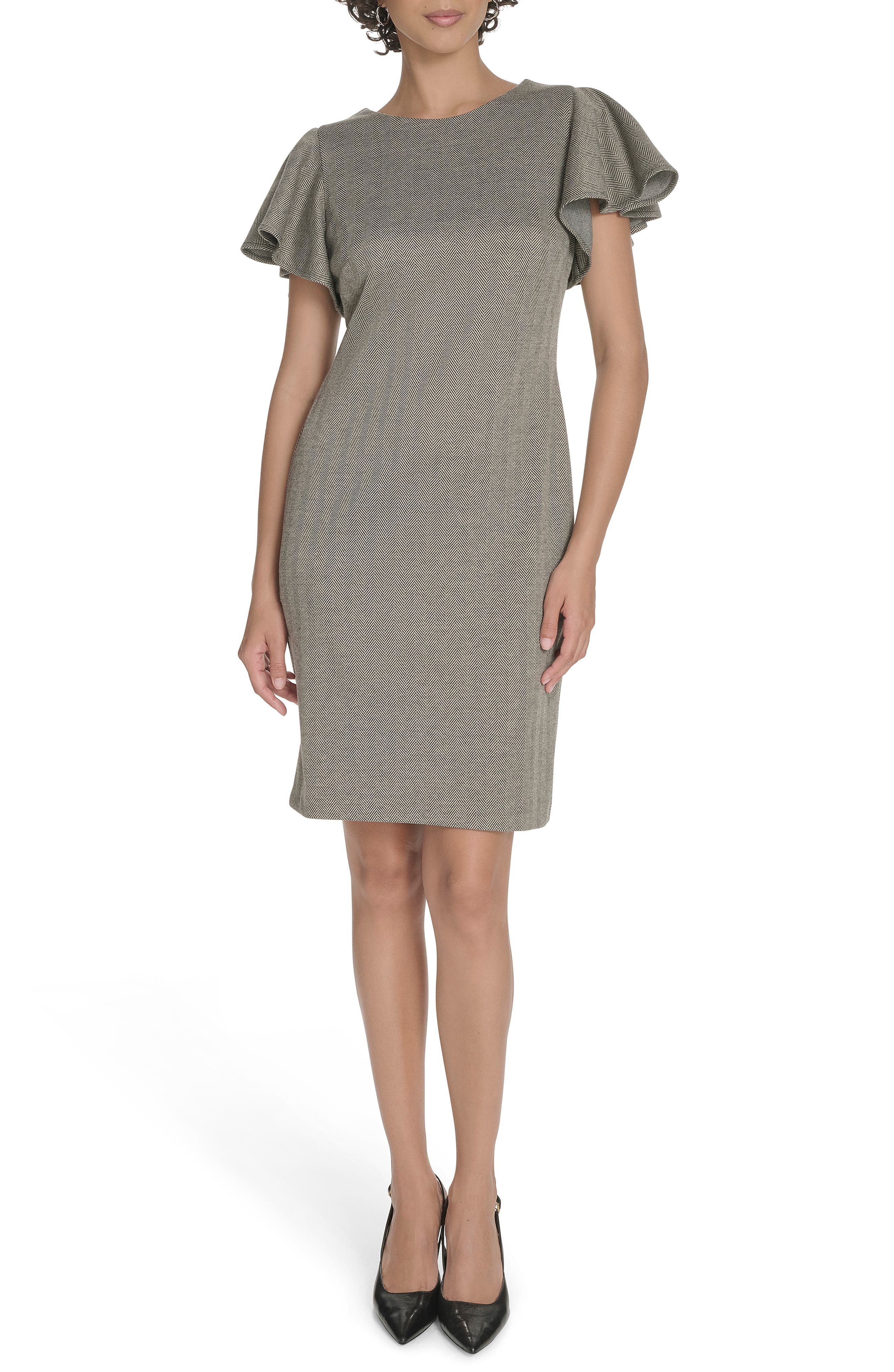 Tommy Hilfiger Flutter Sleeve Herringbone Sheath Dress