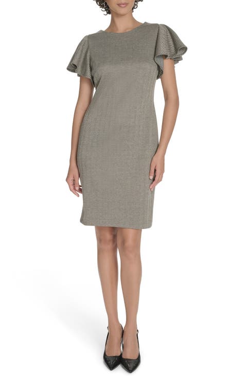 Flutter Sleeve Herringbone Sheath Dress