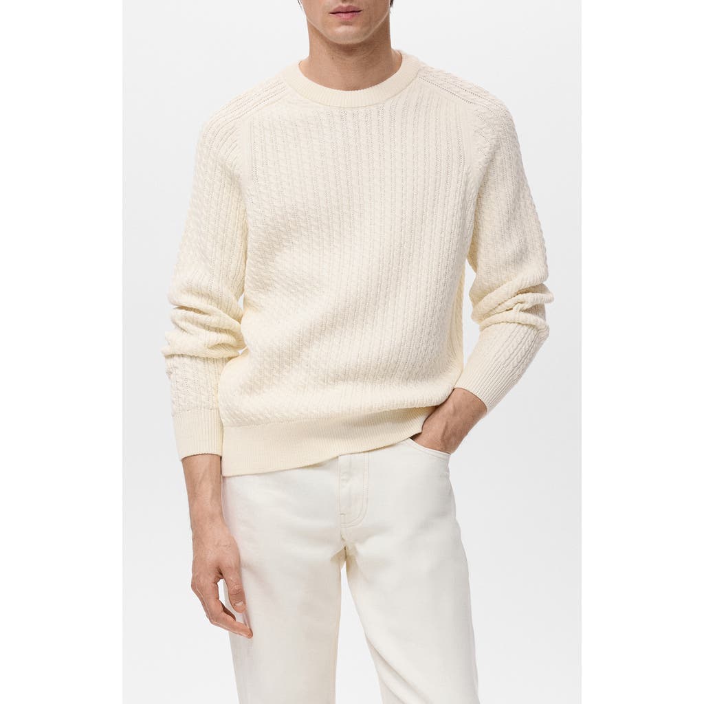 Mango Cabled Cotton Crewneck Sweater In Neutral