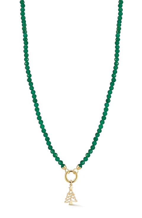 14K Yellow Gold Christmas Tree Charm Beaded Necklace