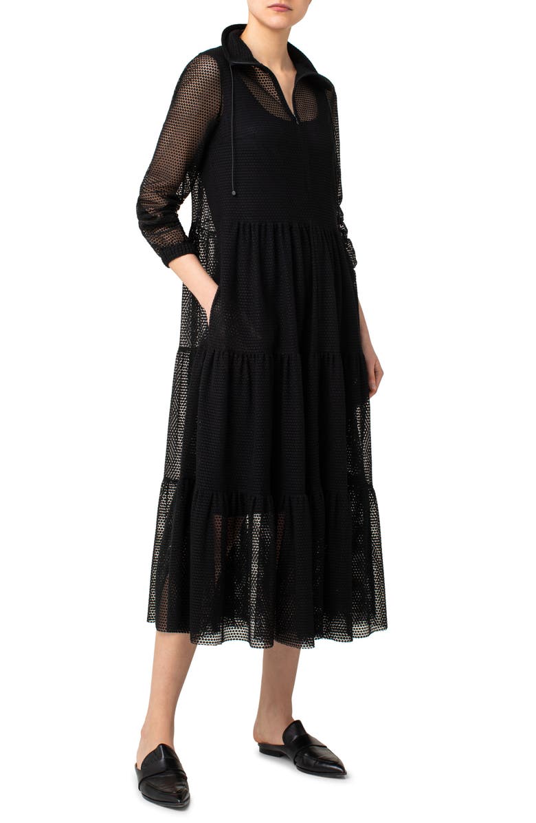 Akris punto Mesh Tiered Long Sleeve Midi Dress, Alternate, color,