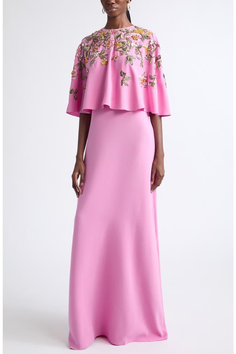 Beaded Mixed Botanical Embroidered Stretch Silk Georgette Dress, Main, color, ROSEBUD