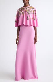 Oscar de la Renta Beaded Mixed Botanical Embroidered Stretch Silk Georgette Dress