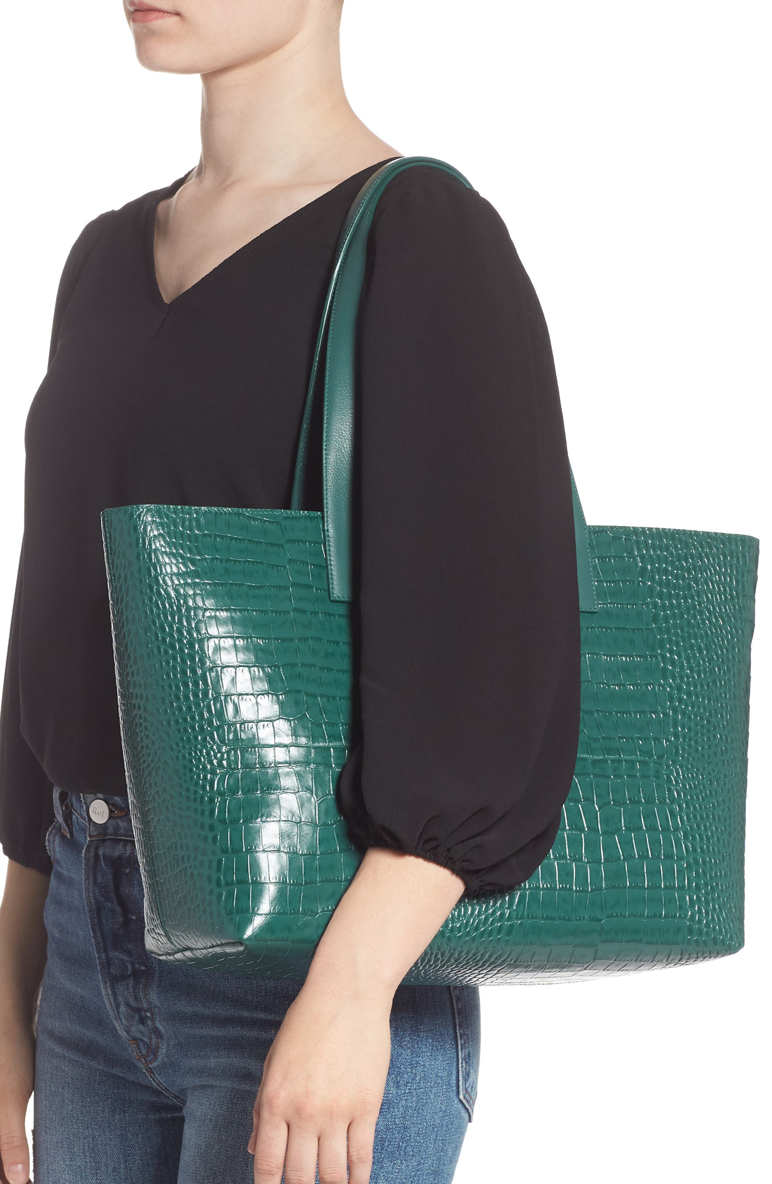 Celia Croc Embossed Leather Tote, Alternate, color, GREEN CADMIUM