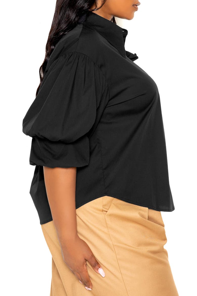 Puff Sleeve Cotton Blend Button-Up Shirt, Alternate, color, BLACK