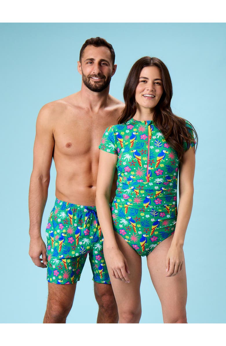 RuffleButts UPF50+ Sun Protected Women's Quarter Zip Short Sleeve One Piece Rash Guard Swimsuit, Alternate, color, Parrot Palms