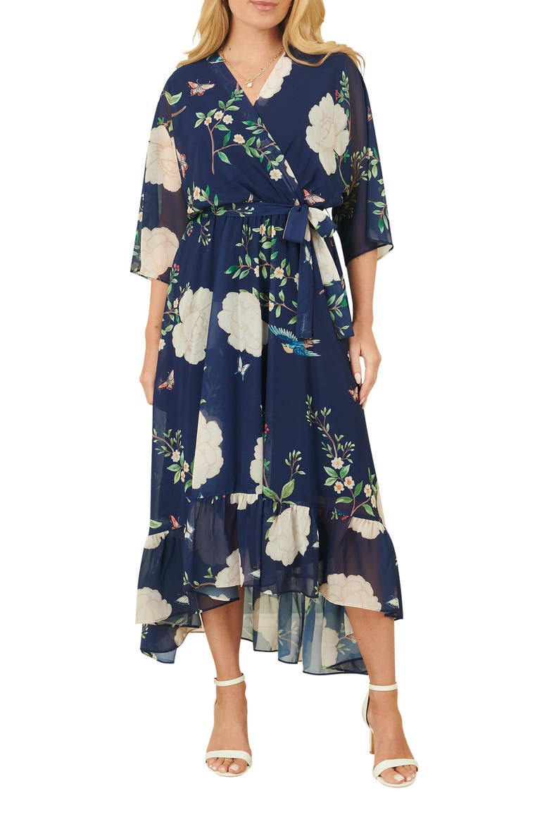 Bird And Floral Print Midi Wrap Dress, Alternate, color, Navy