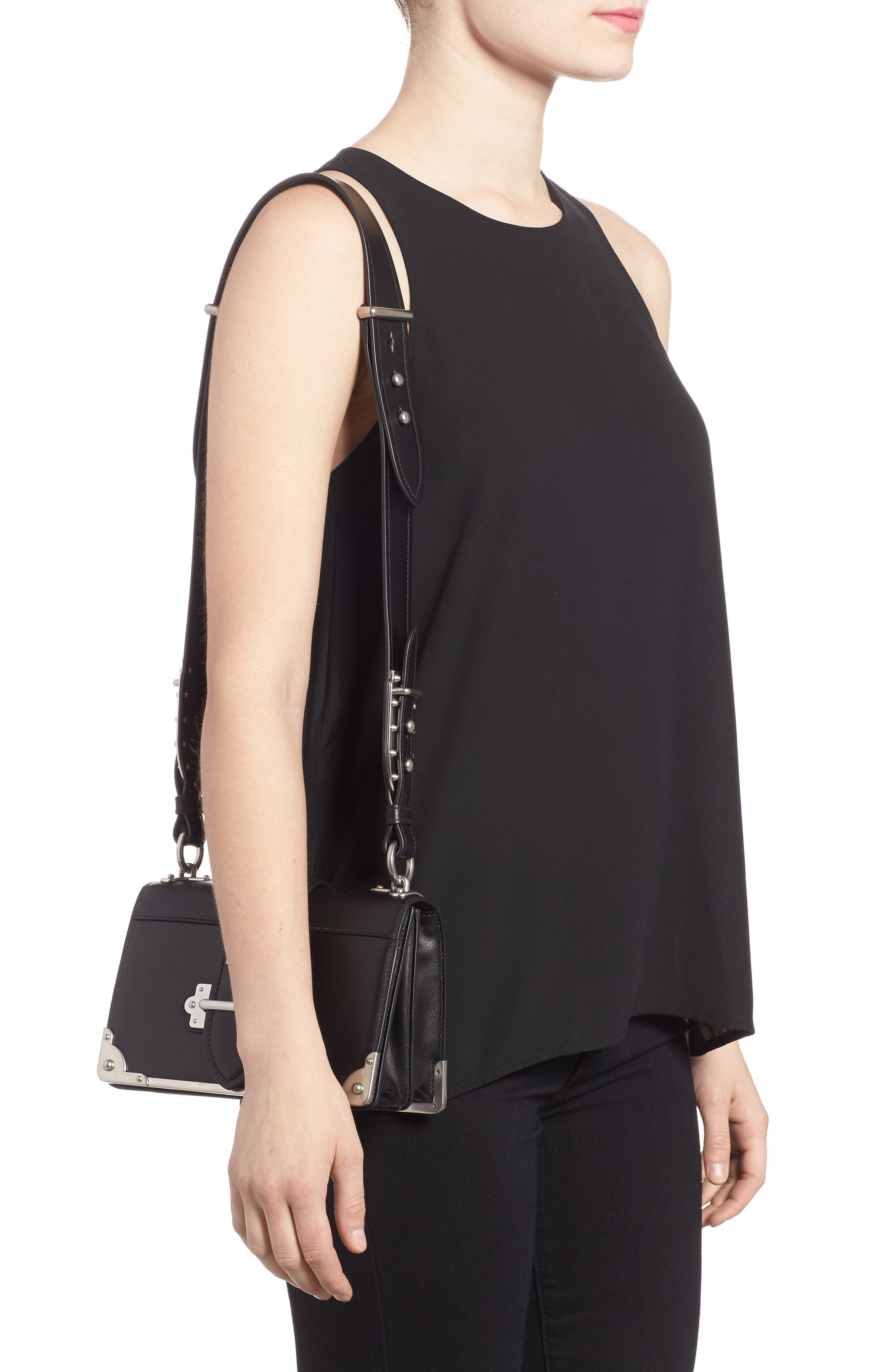 Prada Cahier City Calfskin & Saffiano Shoulder Bag, Alternate, color, 