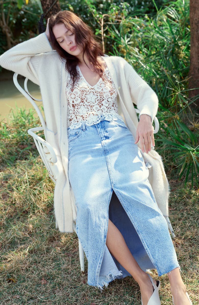 Bayeas Raw Hem Denim Midi Skirt, Alternate, color, Medium Blue