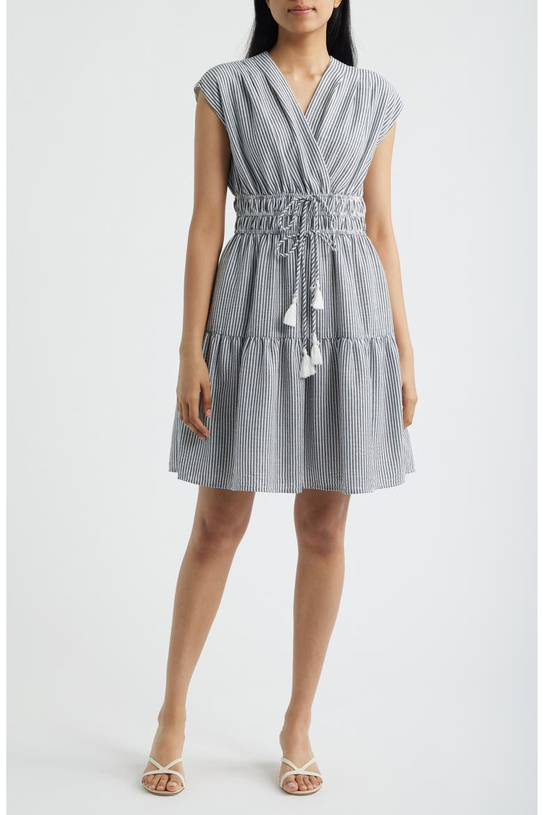 Tiered Stripe Seersucker Dress, Main, color, NAVY MULTI