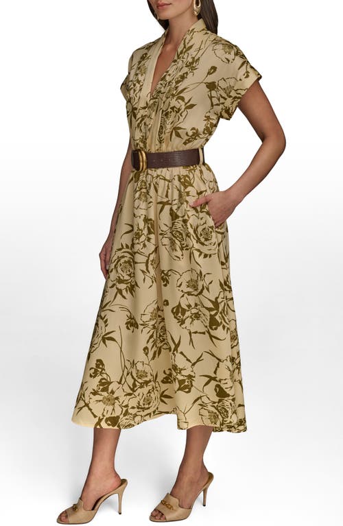 Donna Karan New York Floral Short Sleeve Belted A-line Midi Dress In Brown