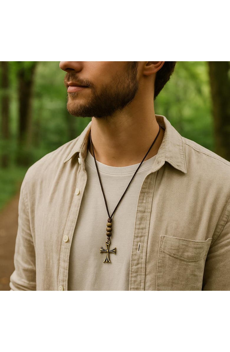 Trafalgar Manu Cross and Bead Leather Adjustable Necklace, Alternate, color, Brown