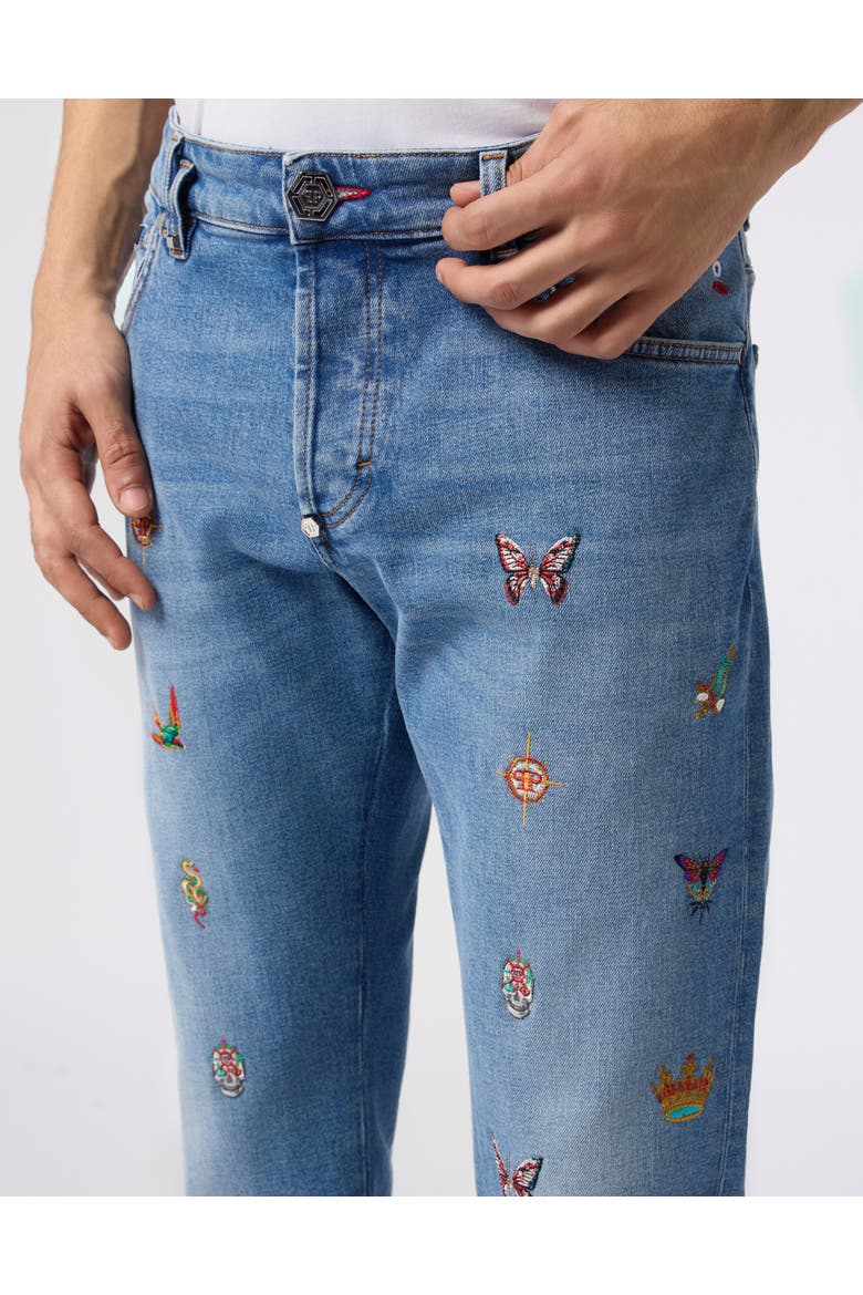 Embroidered Super Straight Cut Jeans Men, Alternate, color, Mykonos