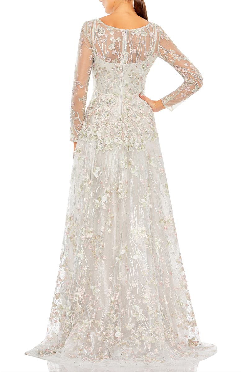 Mac Duggal Embellished Wrap Over Illusion Long Sleeve A Line Gown, Alternate, color, Pastel Multi