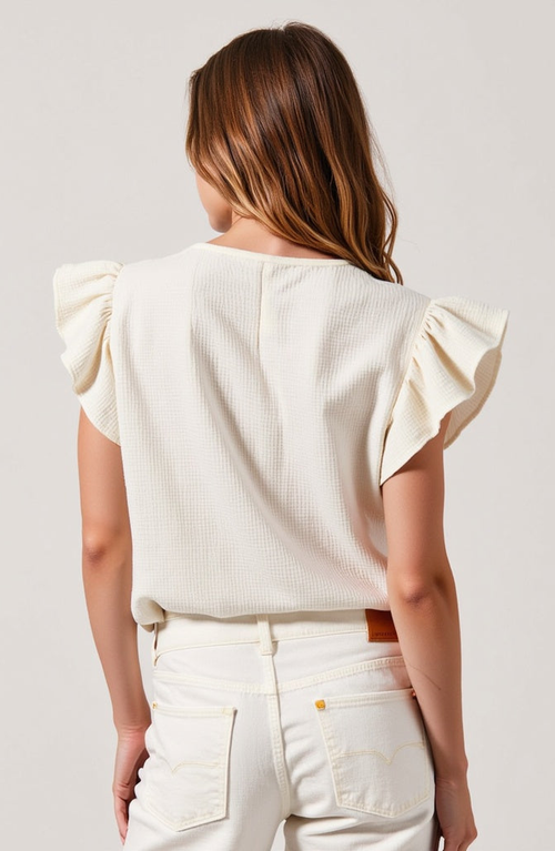 Modenaire Ruffle-sleeve Button-front Blouse With Floral Embroidery In White