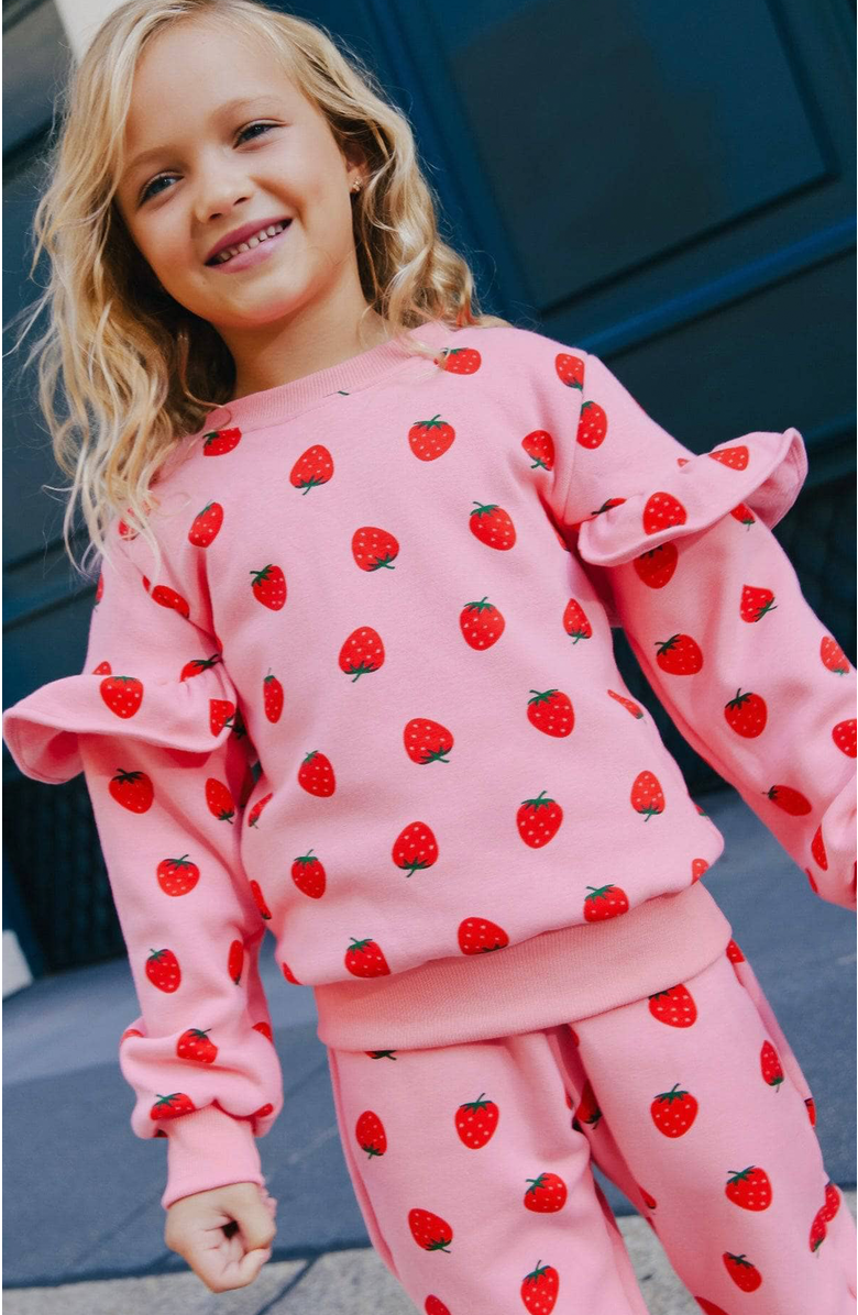 Lola + The Boys Strawberry Ruffle Joggers Set, Alternate, color, Pink