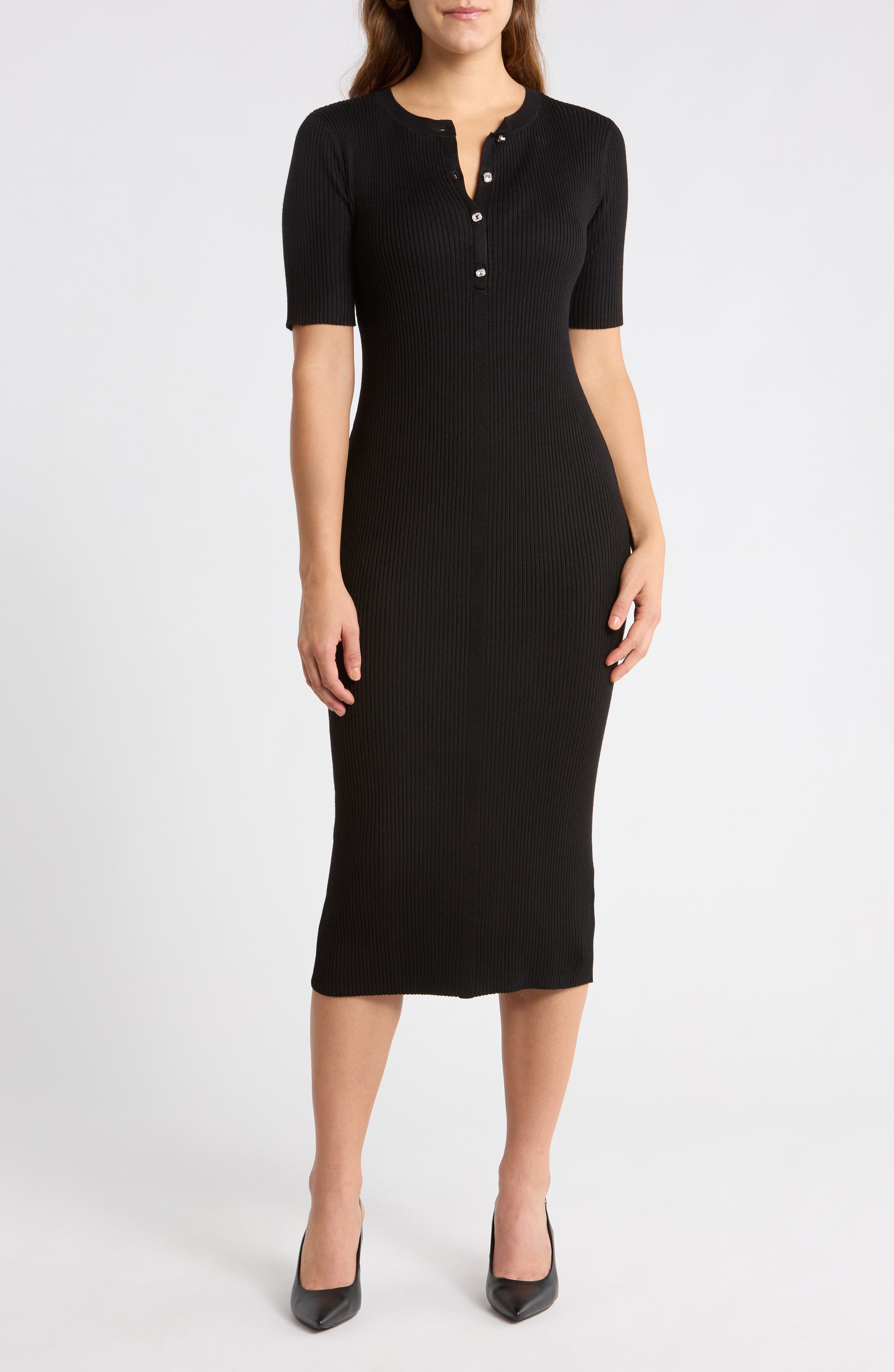 Ribbed Elbow Sleeve Midi Dress