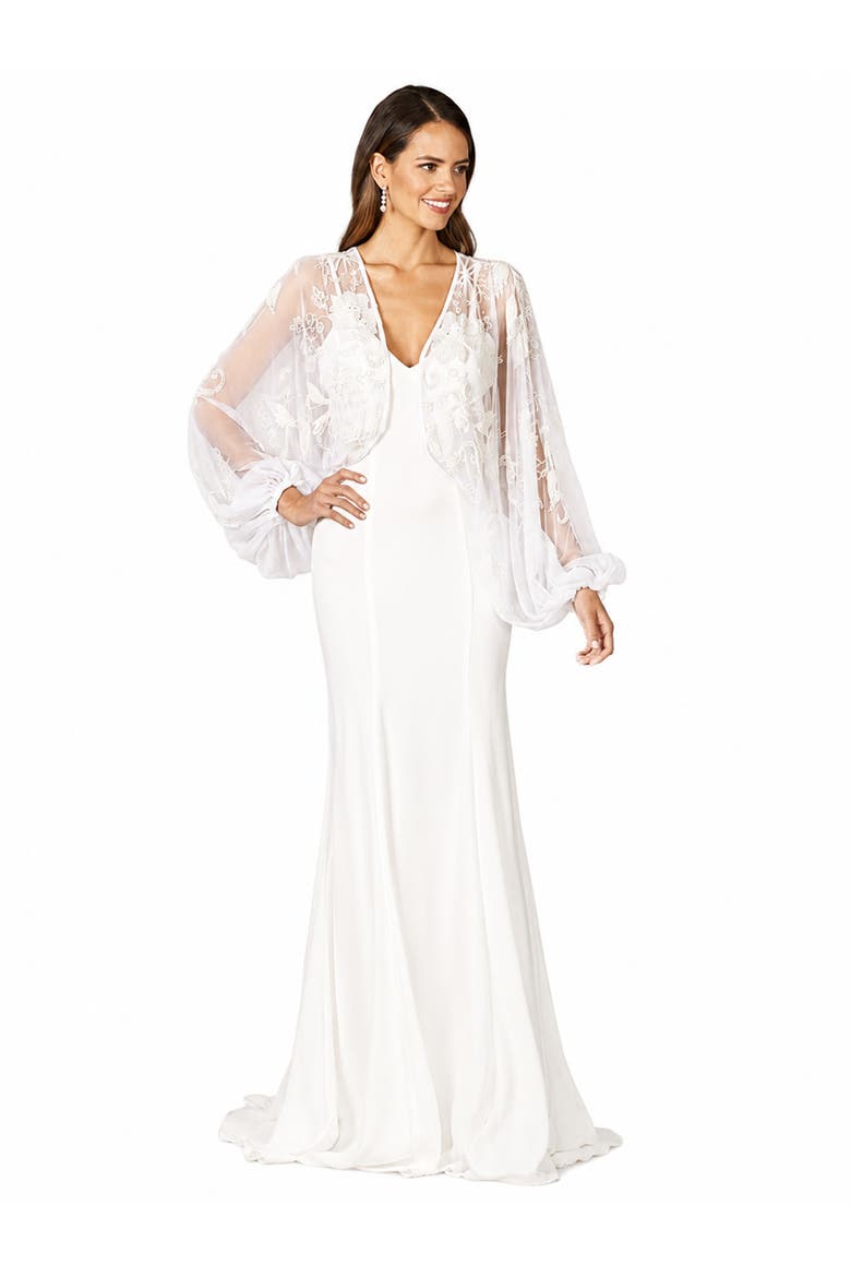 Beaded Faux-Wrap V-Neck Bridal Gown, Alternate, color, Ivory