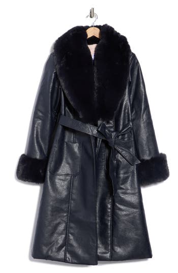 Hutch Stevie Faux Fur & Faux Leather Coat In Blue