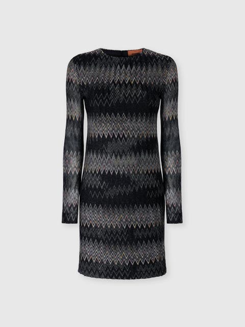 Long-sleeve Viscose Lamé Chevron Mini Dress