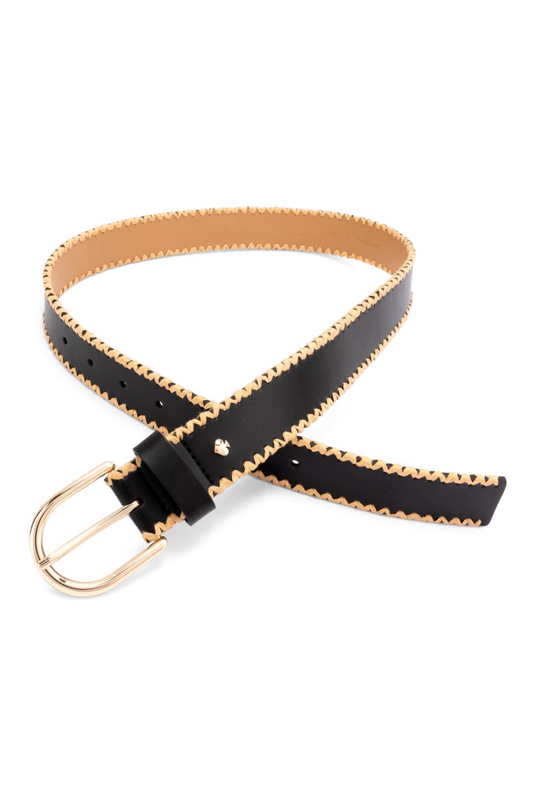 straw edge leather belt, Main, color, BLACK