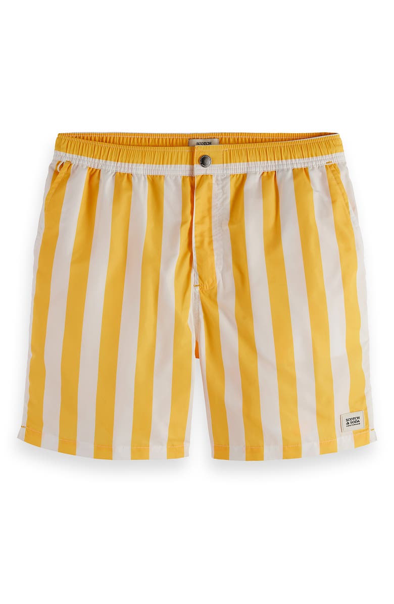 Scotch & Soda Striped Mid Length Swim Trunks, Alternate, color, Yellow Sun Stripe