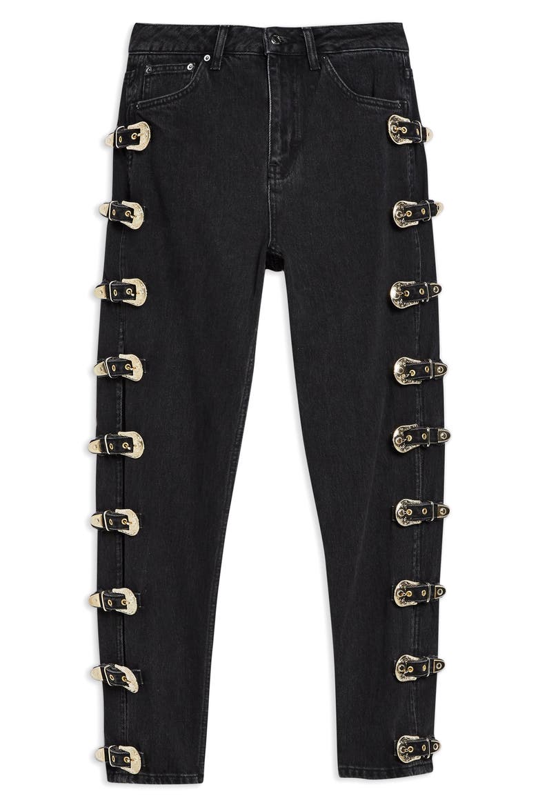 High Waist Side Buckle Mom Jeans, Alternate, color, BLACK