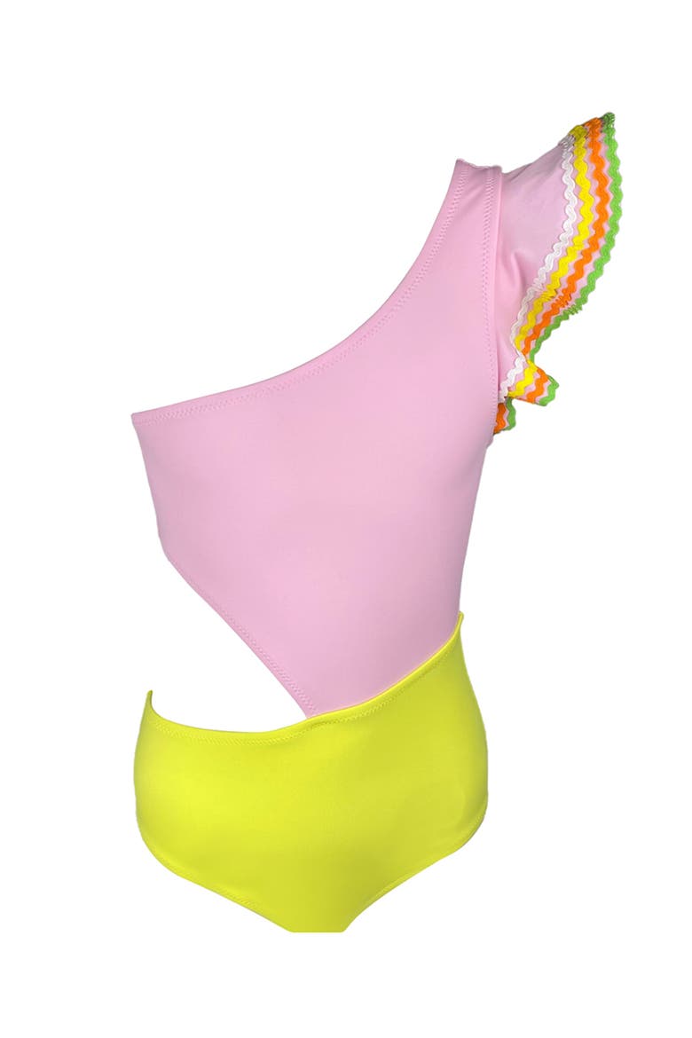 One Shoulder Ruffle Ric-Rac Trim Cut-Out Design One Piece Swimsuit, Little Kid-Big Kid, Main, color, Pink