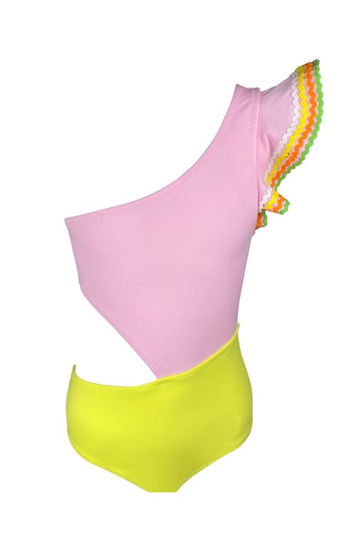Nessi Byrd One Shoulder Ruffle Ric-rac Trim Cut-out Design One Piece Swimsuit, Little Kid-big Kid In Multi