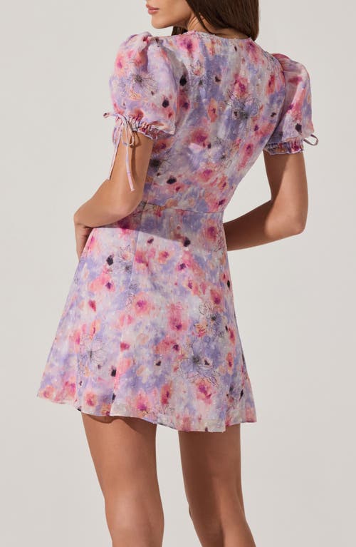 Astr The Label Print Puff Sleeve Tie Front Dress In Purple Pink Floral